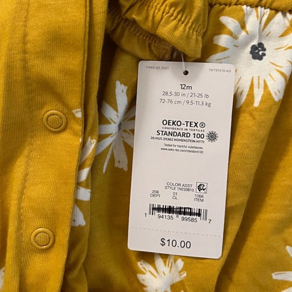 NWT 12mo Carter's girls daisy print onesie, long sleeves/pants, 100% cotton - Picture 5 of 6